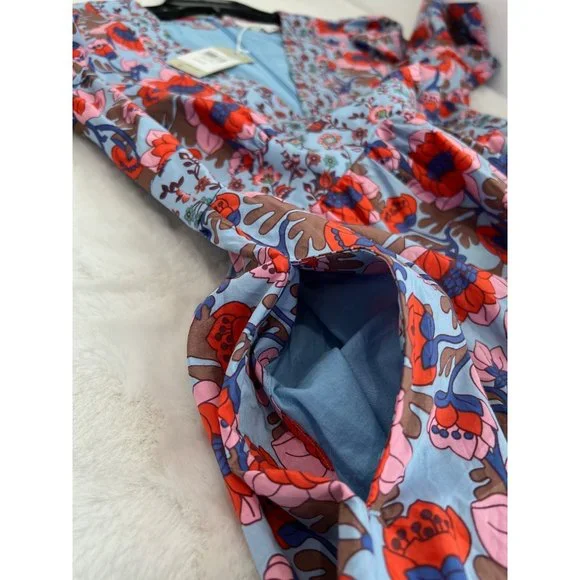 New Boden Size 6R V-Neck Contrast Detail Dress Dusty Blue, Terrace Bud Summer - Picture 8 of 15